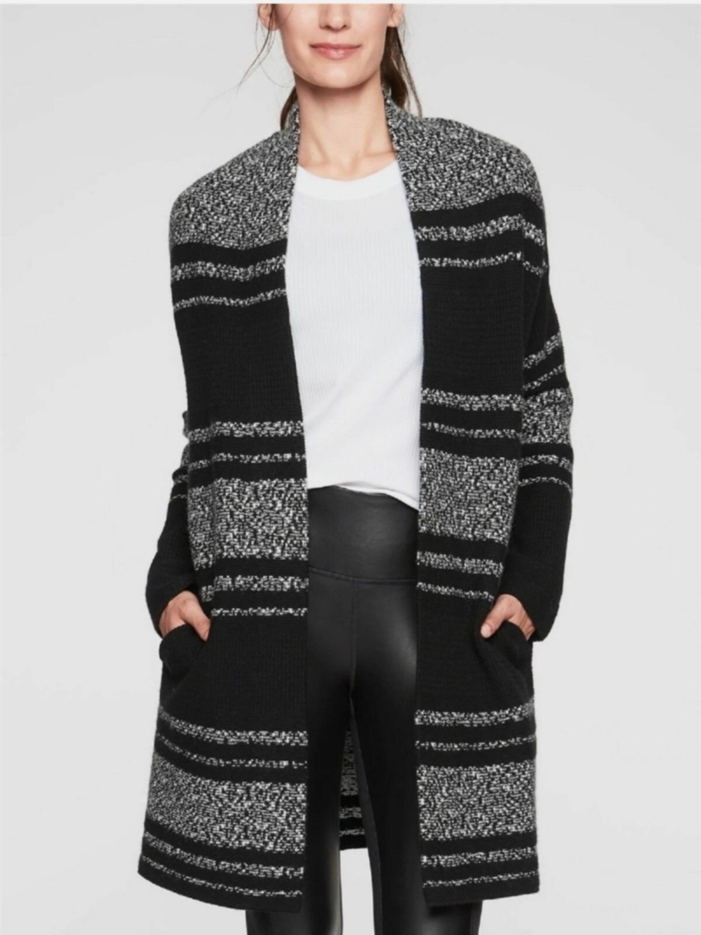 Athleta Wool Blend Black & Gray Striped Open-Front Cardigan Size X-Small